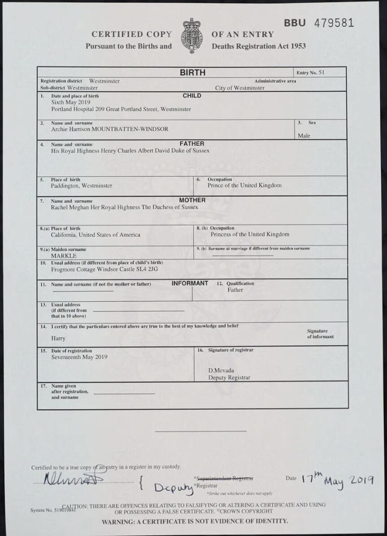 The birth certificate of Archie Harrison Mountbatten-Windsor. Credit: Getty.